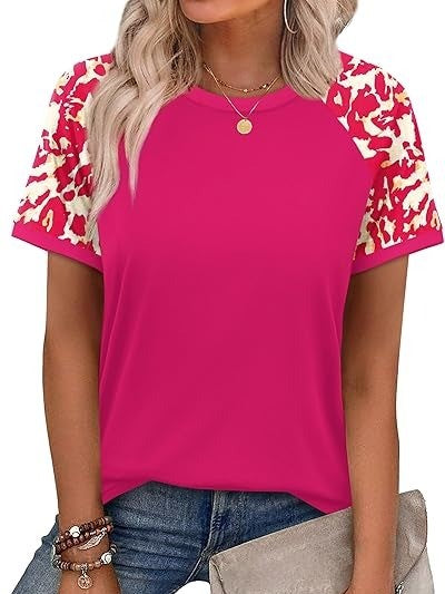 Women's Raglan Short Sleeve Color Block Print Crew Neck T-Shirt