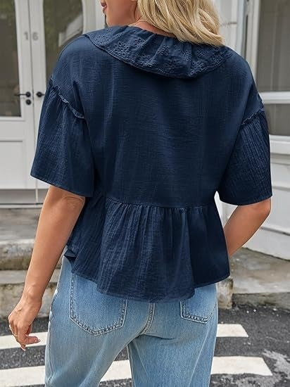 Women's Eyelet Ruffle V Neck Button Down Babydoll Top