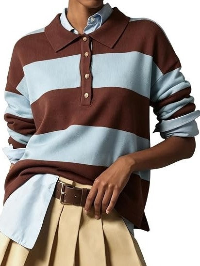 Women's Striped Button Knit Polo Shirt
