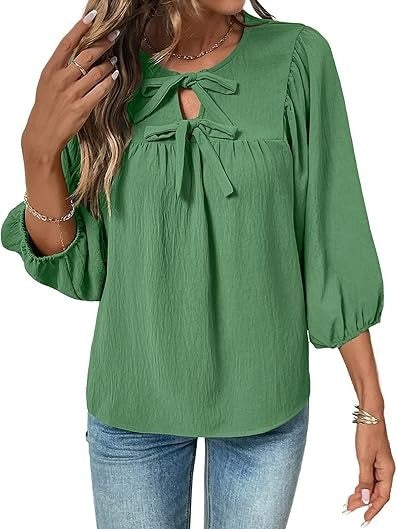 Women's Bow Tie Neck Blouse with Balloon Sleeves