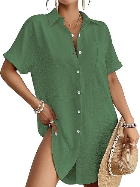 Women's Button Down Beach Cover Up Shirt Dress
