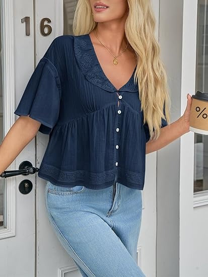 Women's Eyelet Ruffle V Neck Button Down Babydoll Top