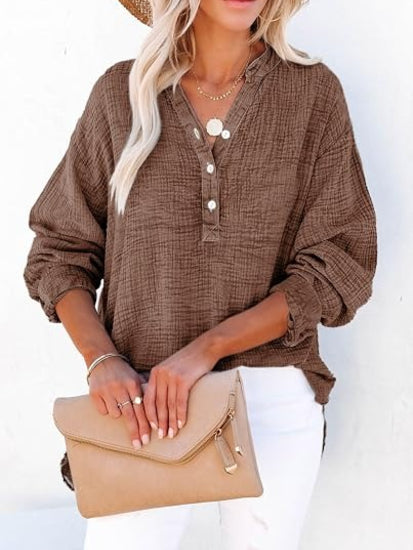 Women's Oversized Henley V Neck Long Sleeve Blouse