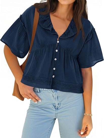 Women's Eyelet Ruffle V Neck Button Down Babydoll Top