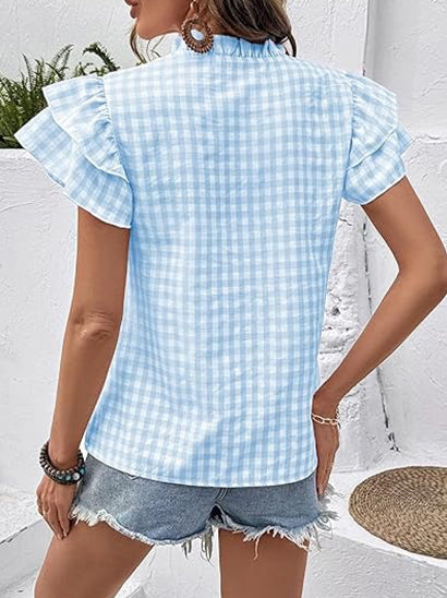 Women's Gingham V Neck Ruffle Sleeve Blouse