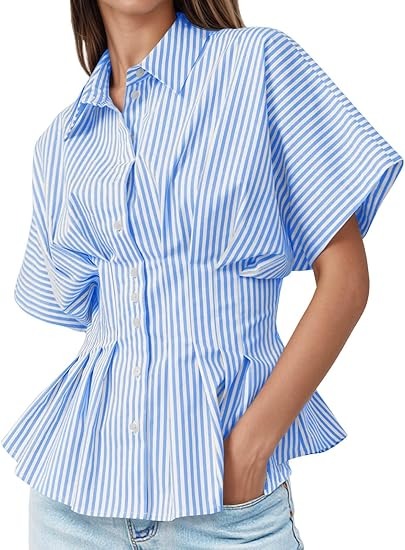Women's Striped Pleated Waist Peplum Button Down Shirt