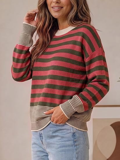 Women's Color Block Striped Oversized Crewneck Sweater