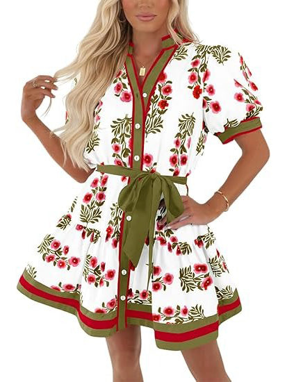 Women's Contrast Trim Floral Waist Tie Dress