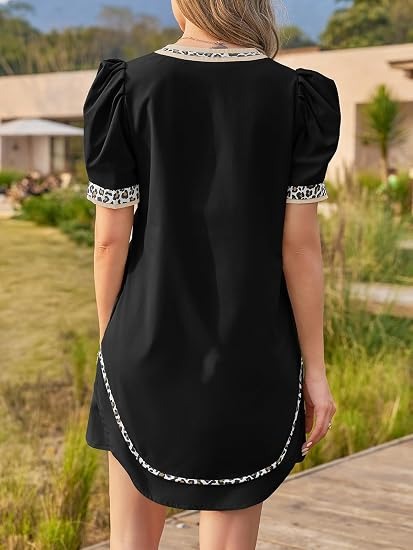 Women's Leopard Trim Puff Sleeve Mini Dress