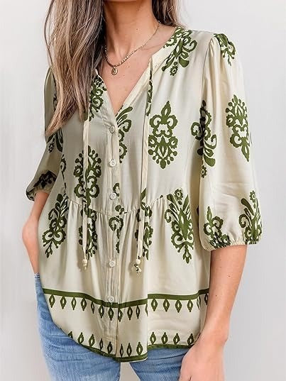 Women's Boho Floral V-Neck Peplum Blouse