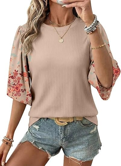 Floral Print 3/4 Puff Sleeve Casual T-Shirt