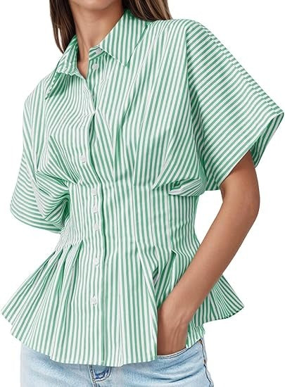Women's Striped Pleated Waist Peplum Button Down Shirt