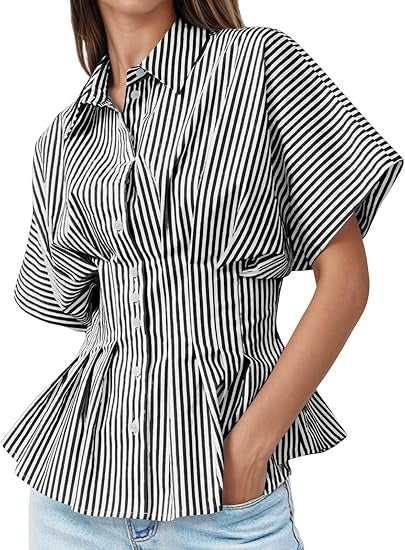 Women's Striped Pleated Waist Peplum Button Down Shirt