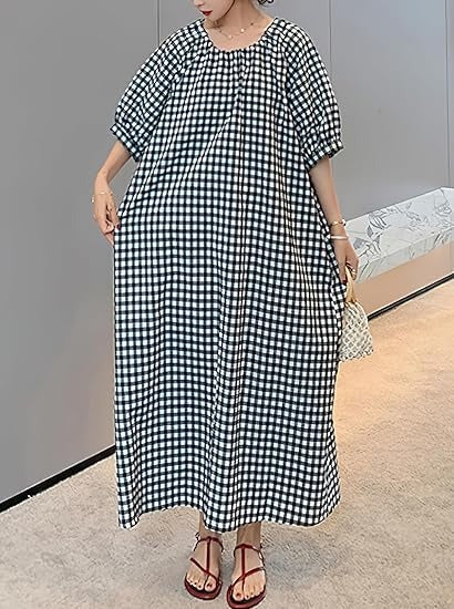 Women's Casual Gingham Puff Sleeve Maxi Dress