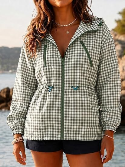 Women's Oversized Plaid Checkered Casual Windbreaker Coat