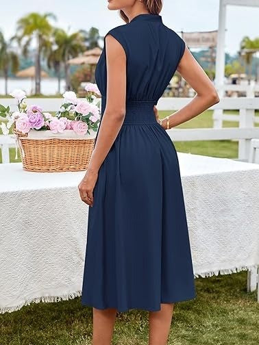 Women's Summer V Neck Cap Sleeve Zipper Front Flowy Dress
