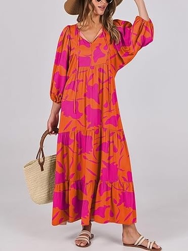 Women's Puff Sleeve Smocked Ruffle Boho Maxi Dress