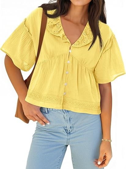Women's Eyelet Ruffle V Neck Button Down Babydoll Top