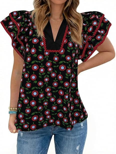 Womens Ruffle Sleeve Floral Blouses