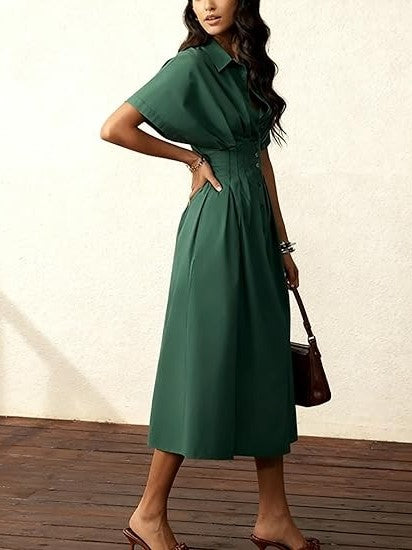 Women's Button Down Pleated Waist Shirt Dress