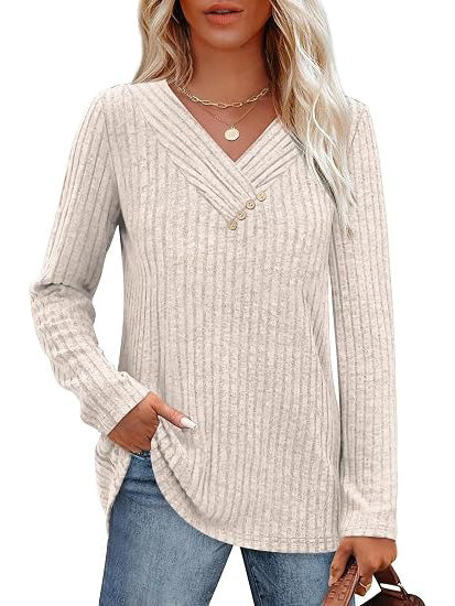 Women's Ribbed V‑Neck Decorative Button Fall Top