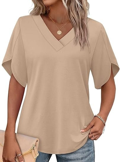 Women's V Neck Petal Short Sleeve Tops