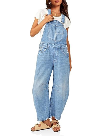 Women's Barrel Leg Denim Overalls with Pockets
