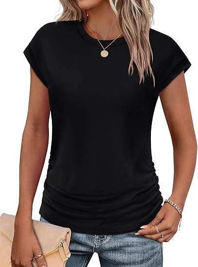 Women's Crew Neck Ruched Cap Sleeve T-Shirt