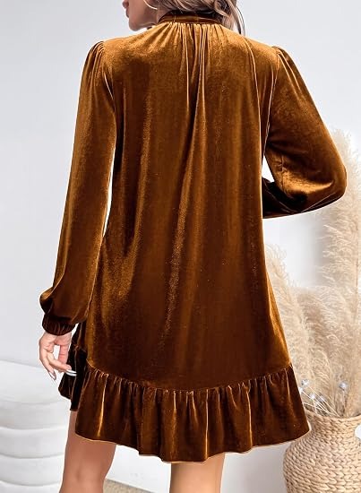 Women's Tie Neck Velvet Ruffle Hem Mini Dress