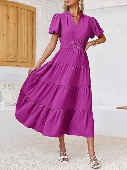 Women's Casual Ruffle V-Neck Smocked Waist Midi Dress