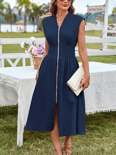 Women's Summer V Neck Cap Sleeve Zipper Front Flowy Dress