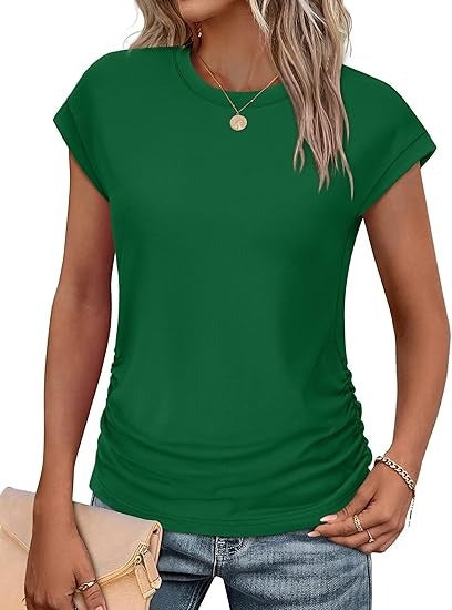 Women's Crew Neck Ruched Cap Sleeve T-Shirt