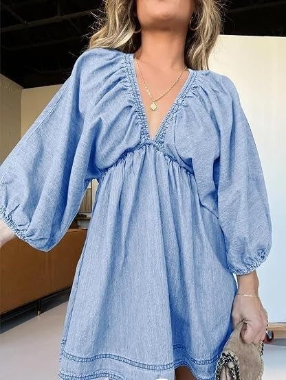 Women's V-Neck Solid Denim Garment Dress