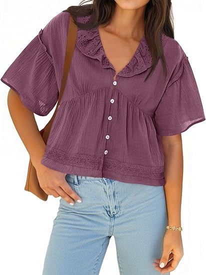 Women's Eyelet Ruffle V Neck Button Down Babydoll Top