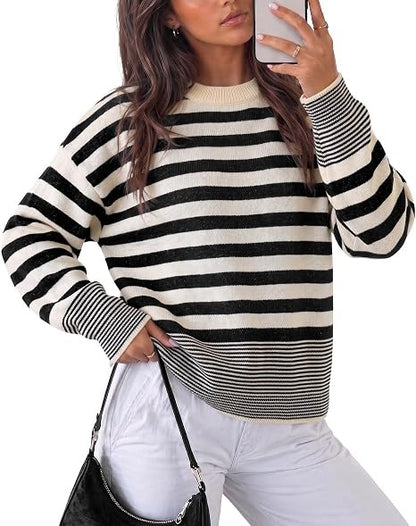 Women's Color Block Striped Oversized Crewneck Sweater