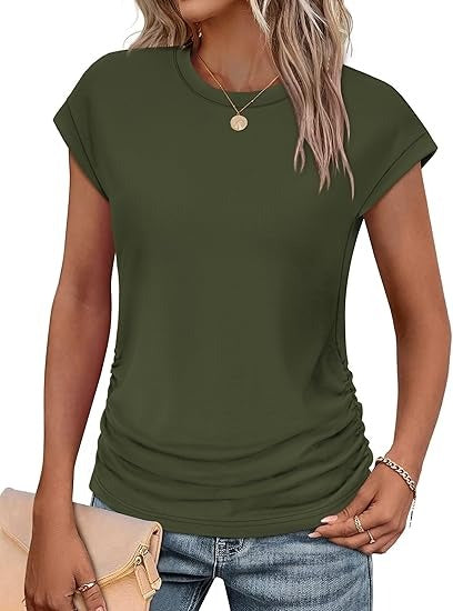 Women's Crew Neck Ruched Cap Sleeve T-Shirt
