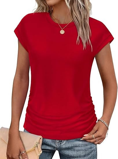 Women's Crew Neck Ruched Cap Sleeve T-Shirt