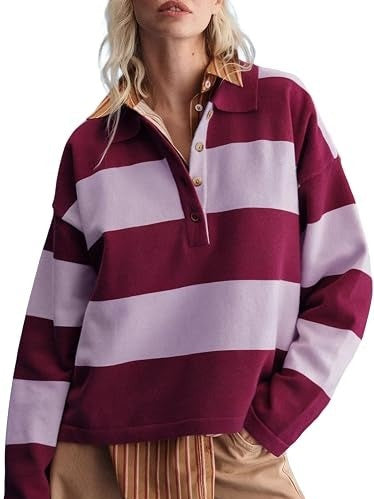 Women's Striped Button Knit Polo Shirt