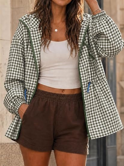 Women's Oversized Plaid Checkered Casual Windbreaker Coat