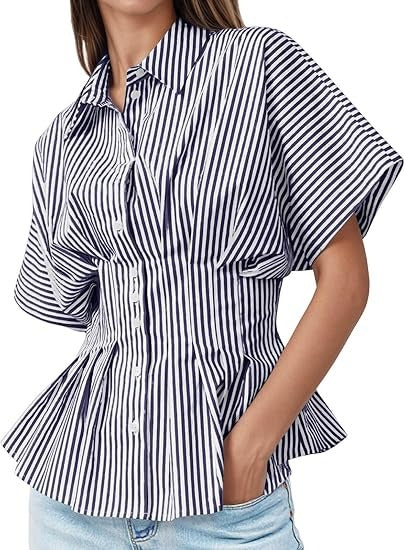 Women's Striped Pleated Waist Peplum Button Down Shirt