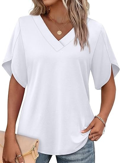 Women's V Neck Petal Short Sleeve Tops