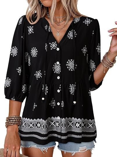 Women's Boho Floral V-Neck Peplum Blouse