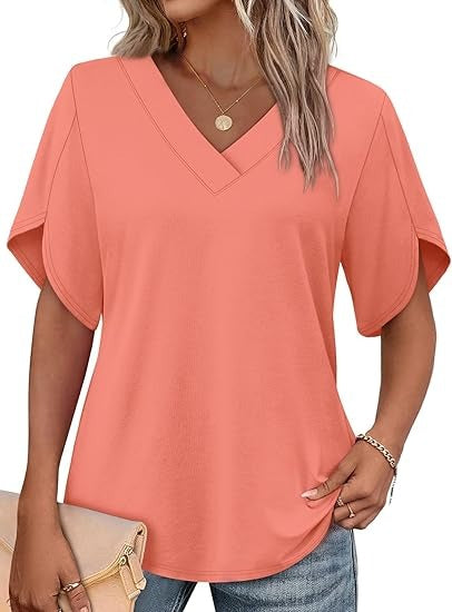 Women's V Neck Petal Short Sleeve Tops