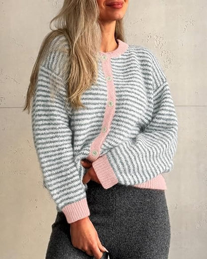 Women's Striped Long Sleeve Button Up Cardigan