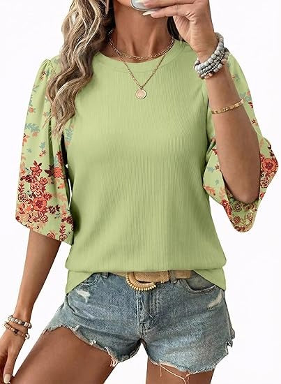 Floral Print 3/4 Puff Sleeve Casual T-Shirt