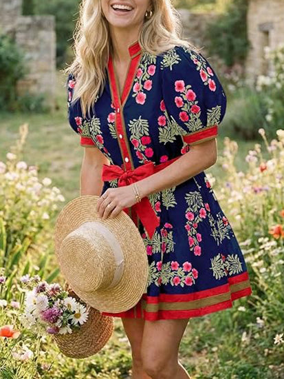 Women's Contrast Trim Floral Waist Tie Dress