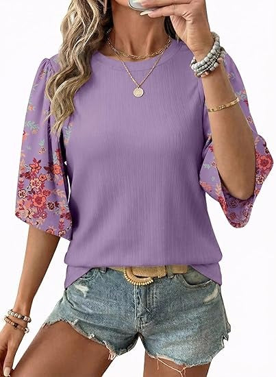 Floral Print 3/4 Puff Sleeve Casual T-Shirt