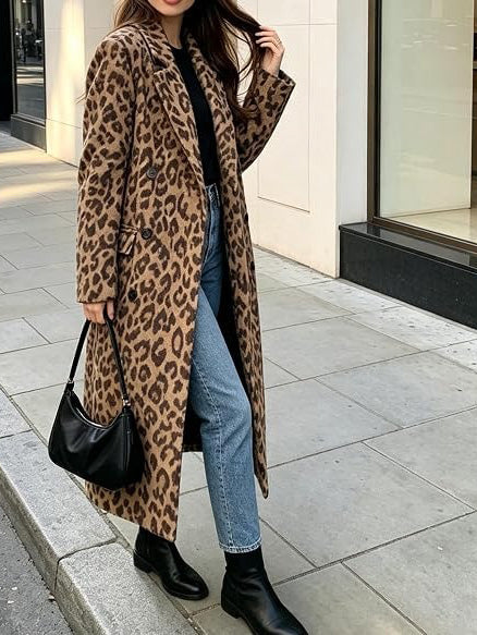 Women's Soft Leopard Print Long Trench Coat