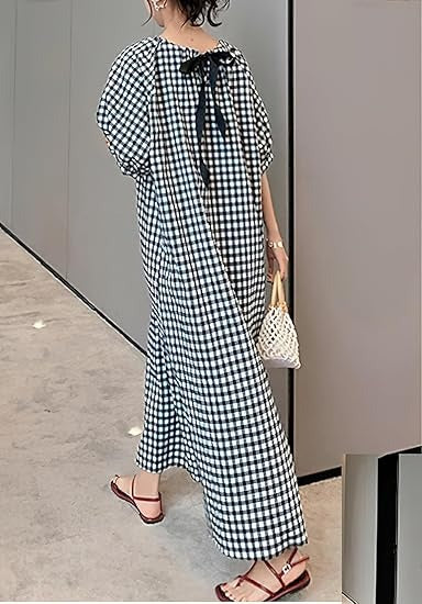 Women's Casual Gingham Puff Sleeve Maxi Dress