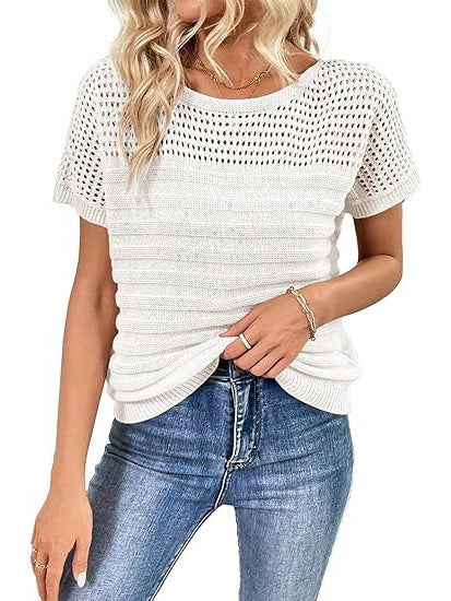 Women's Crew Neck Hollow Out Knit Tops